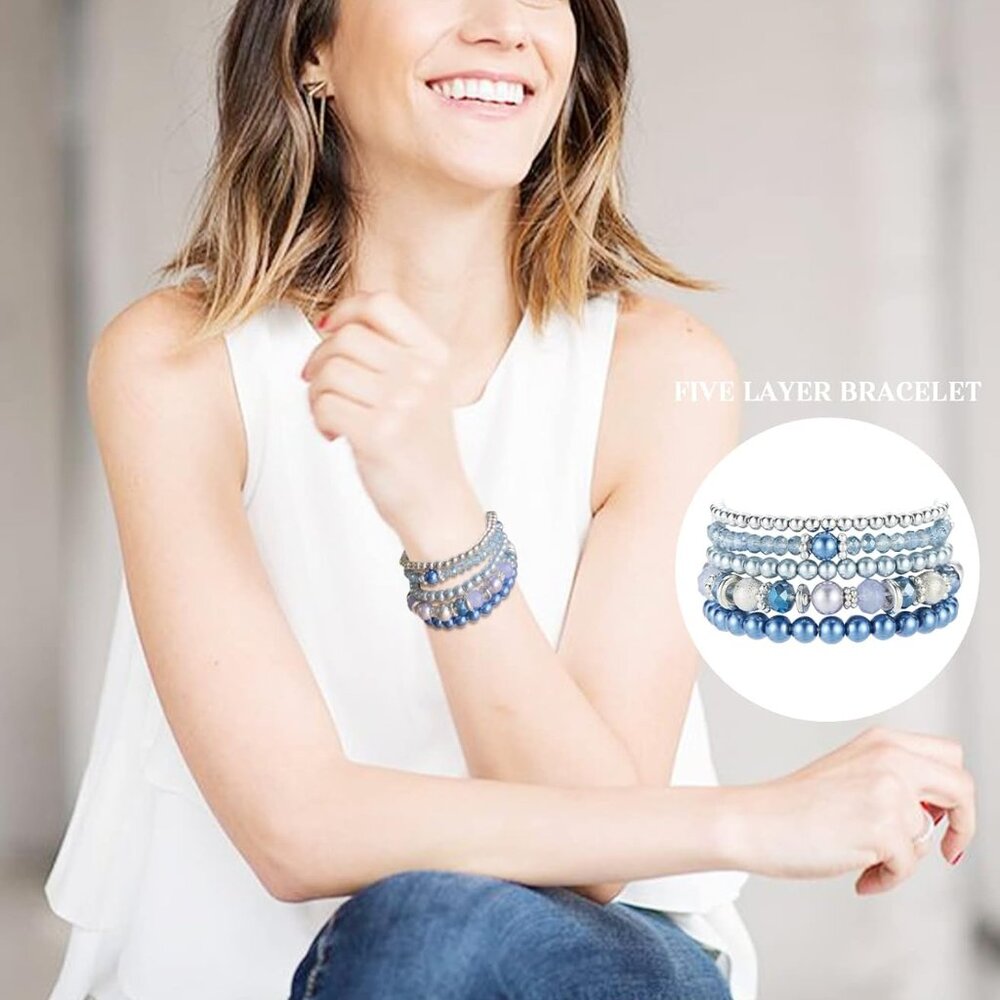 Beaded Pearl Silver Stackable Bracelets Crystal G… - image 4